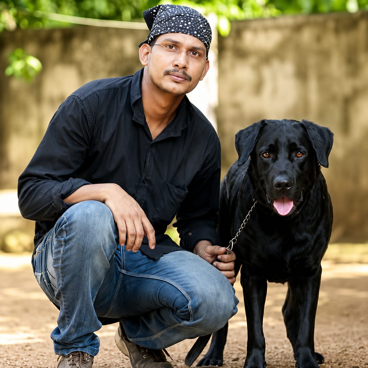 Abin Thampi with a black dog in Kodanad