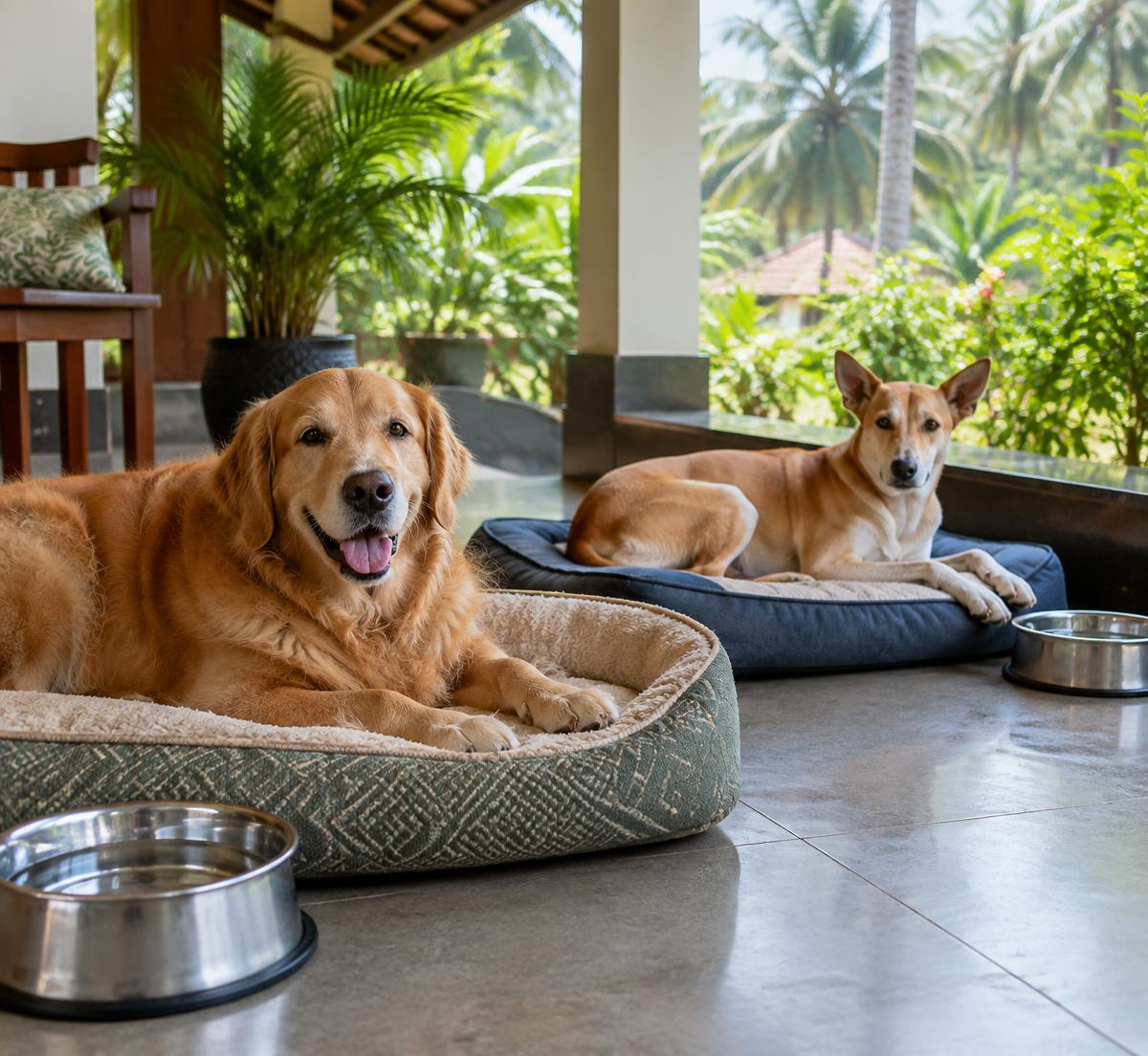 Illustration of dogs resting in a comfortable boarding-style setting