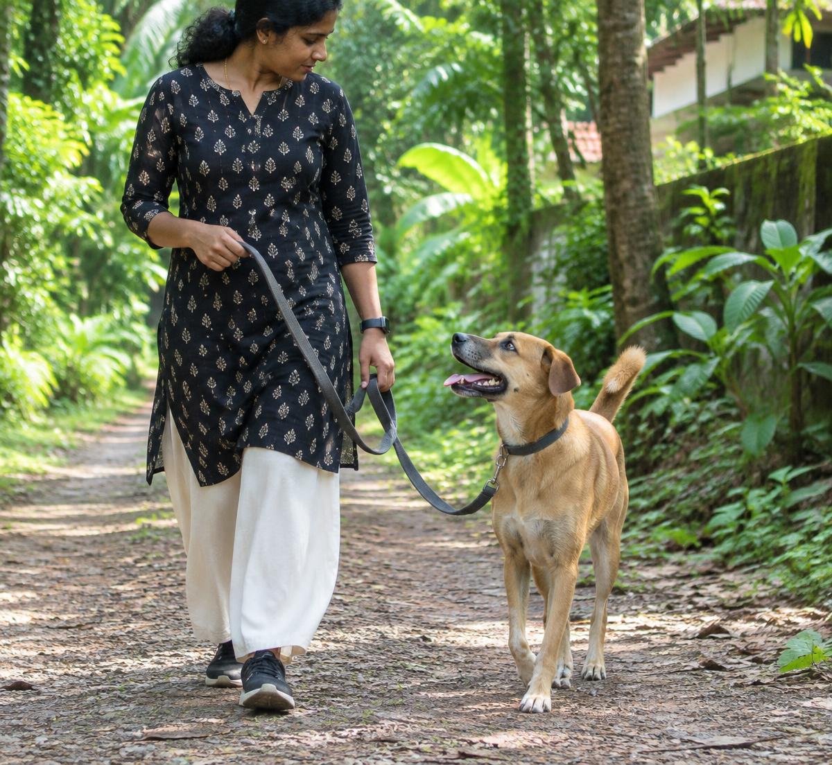 Dog walking attentively beside its owner on a loose leash